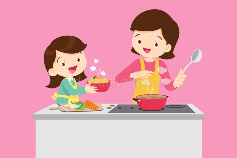 Happy Family with Mom and Children Cooking in Kitchen Stock Vector ...