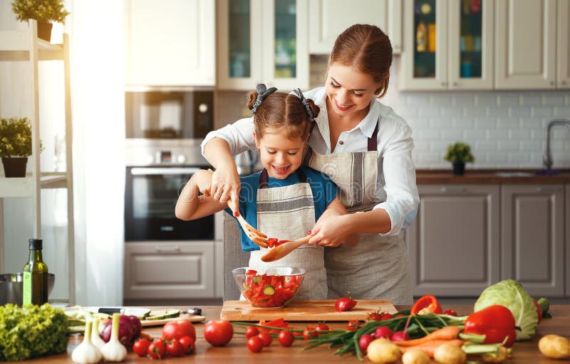 Happy family mother with child girl preparing vegetable salad