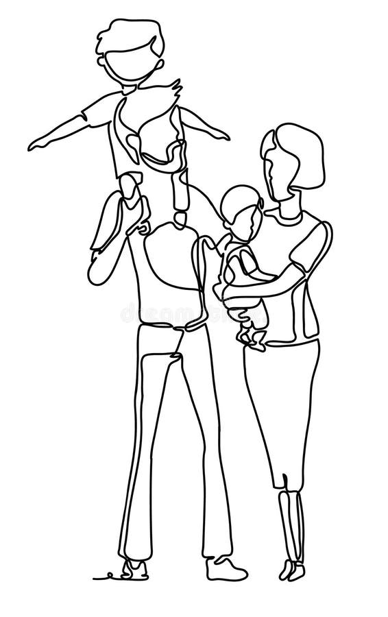 Happy family: mother father and child daughter and son. Continuous line drawing. Vector monochrome, drawing by lines. People in the Park. Family concept.