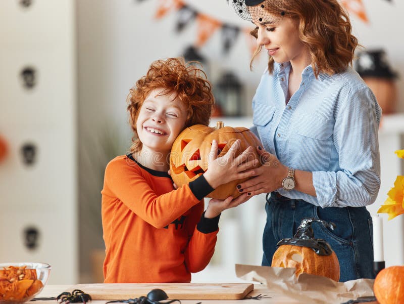 Happy Family Mother and Son Laughing and Getting Ready for Halloween ...