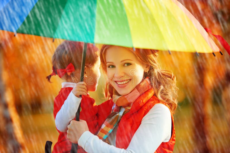 Happy family mum and child daughter with rainbow colored umbrell