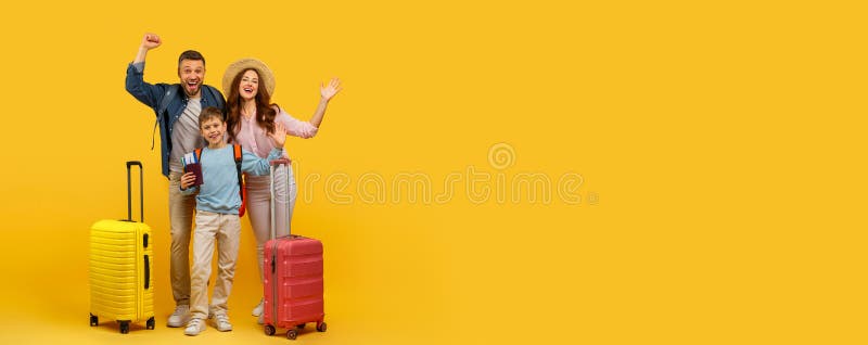 Happy family parents and son ready for vacation travel royalty free stock photos