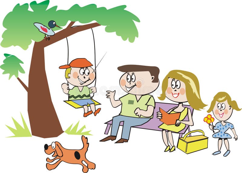 Cartoon showing smiling family in park with boy on swing. Cartoon showing smiling family in park with boy on swing.