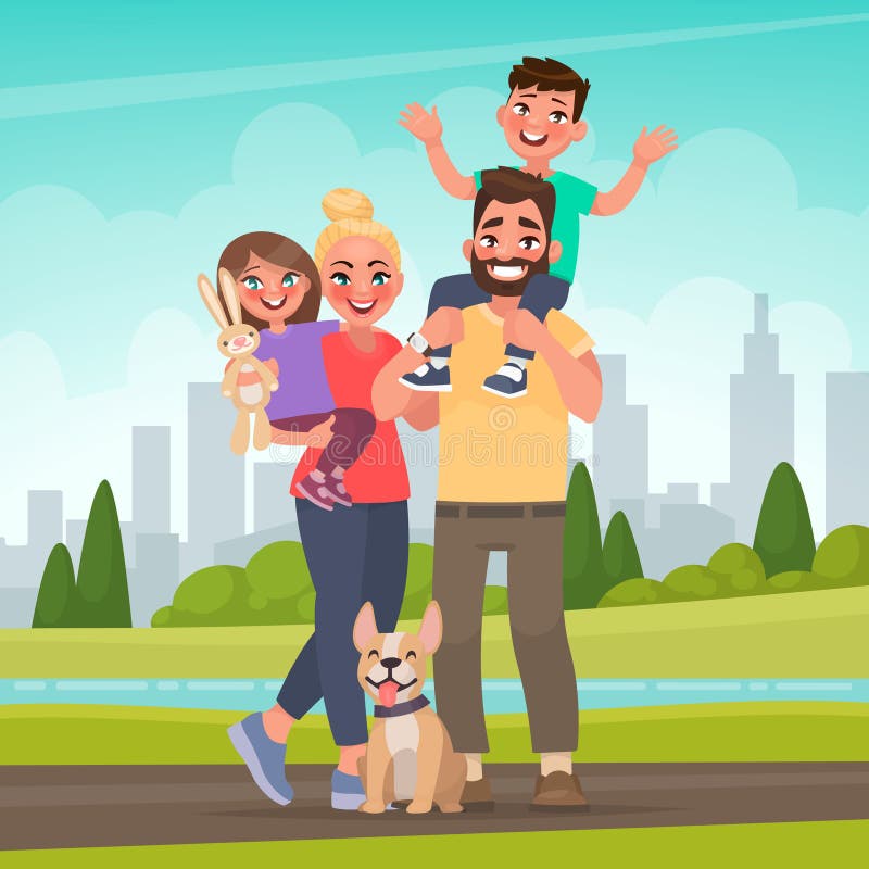 Happy family in the park. Father, mother, son and daughter together in nature. Vector illustration royalty free illustration Happy family in the park. Father, mother, son and daughter together in nature. Vector illustration royalty free illustration