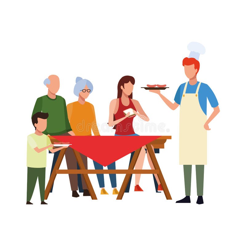 Happy family eating on a picnic table icon over white background, vector illustration. Happy family eating on a picnic table icon over white background, vector illustration