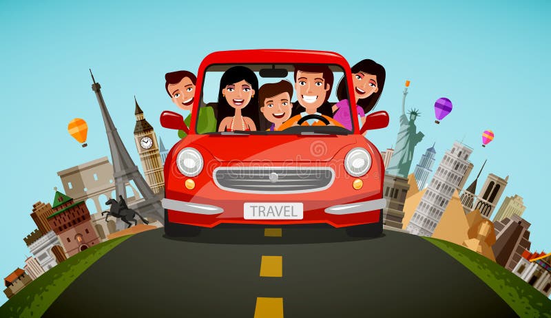 Happy family rides in car on vacation. Journey, travel concept. Cartoon vector illustration