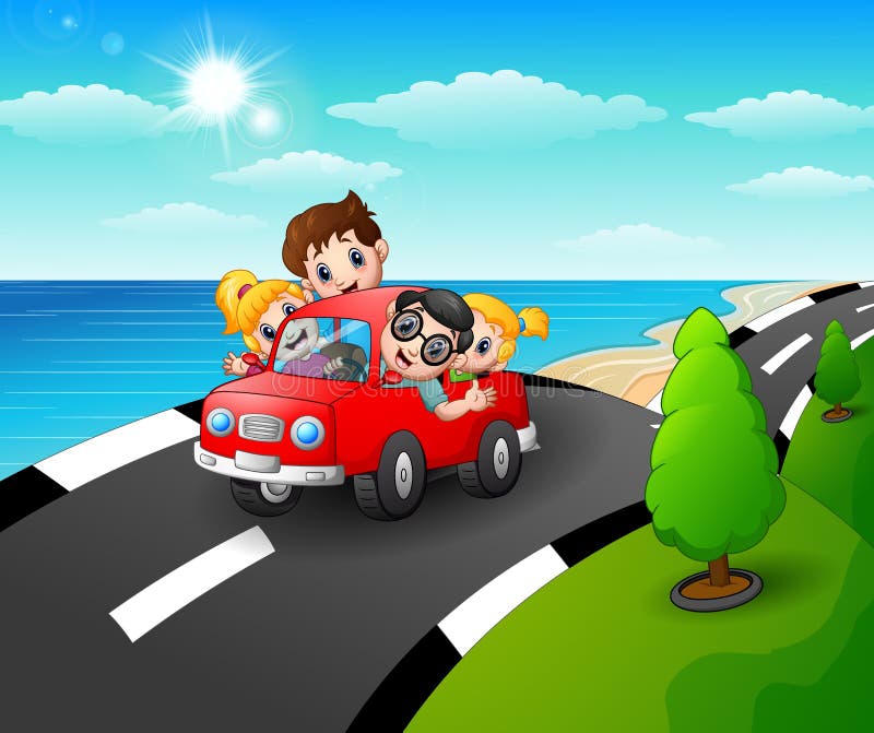Happy family riding a car in the seaside road vector illustration Happy family riding a car in the seaside road vector illustration