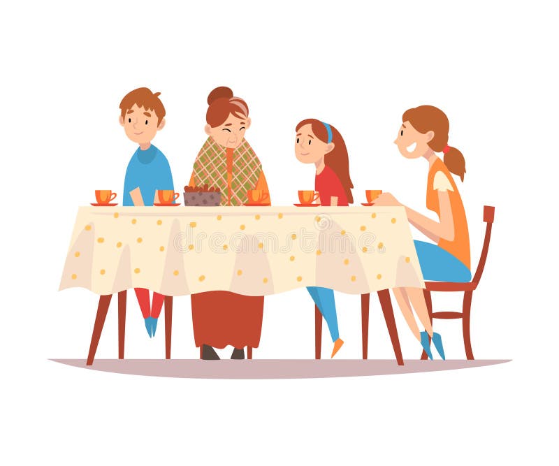 Happy Family Sitting at Kitchen Table, Drinking Tea and Talking to Each Other, Happy Mother, Grandmother and Children Eating Together Vector Illustration on White Background.