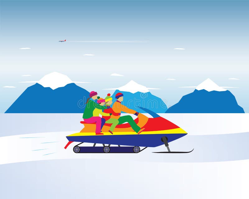 Happy Family On A Snowmobile In The Mountains. Winter, Christmas Stock ...