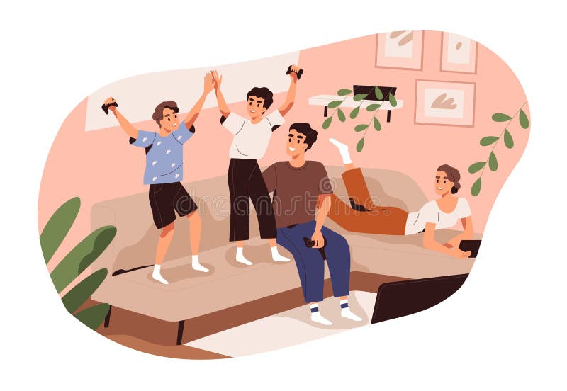 Happy family spending time together at home vector flat illustration. Parents and children playing video games together isolated on white. Joyful kids jumping on couch celebrating victory having fun.