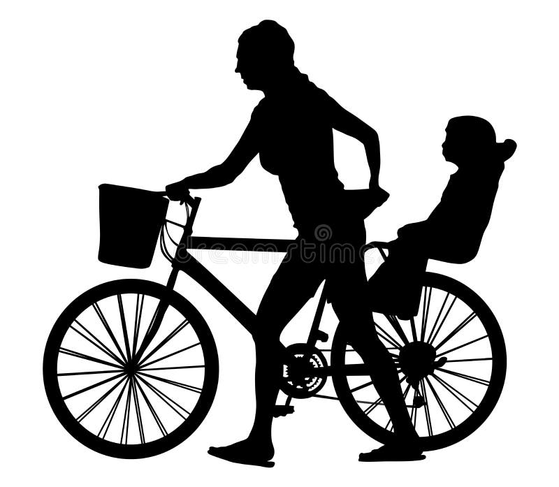 Happy family together go to picnic, mother walking child sitting on bicycle, silhouette. stock illustration Happy family together go to picnic, mother walking child sitting on bicycle, silhouette. stock illustration