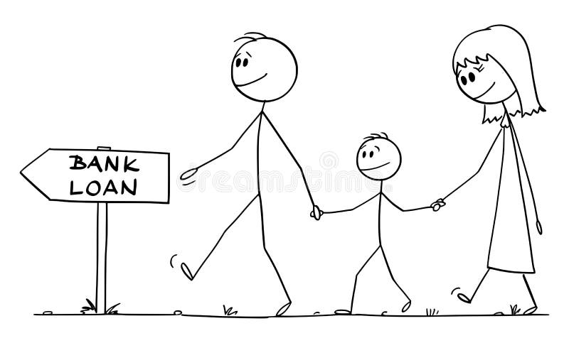 Happy Family Walking for Bank Loan , Vector Cartoon Stick Figure