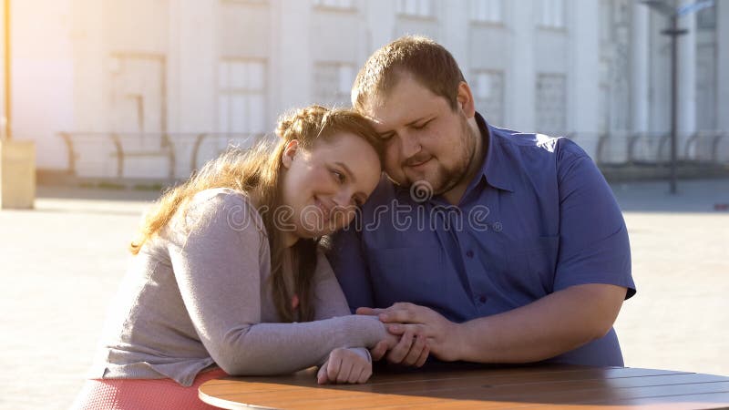 Happy Fat Couple In Love Holding Hands On Urban Date Tender