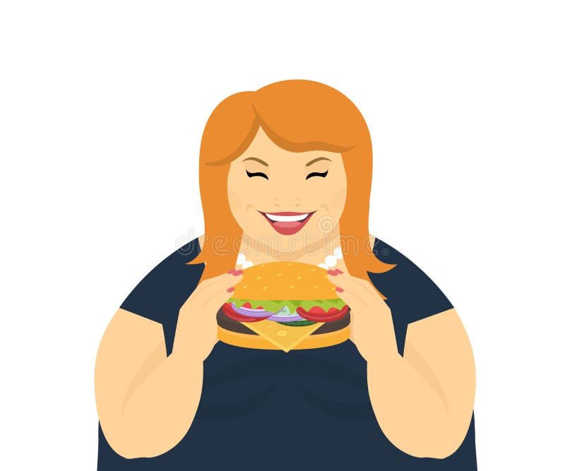 Happy Fat Woman Eating A Big Hamburger Stock Vector ...