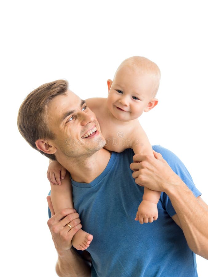 Happy father playing with baby son isolated on white royalty free stock image Happy father playing with baby son isolated on white royalty free stock image