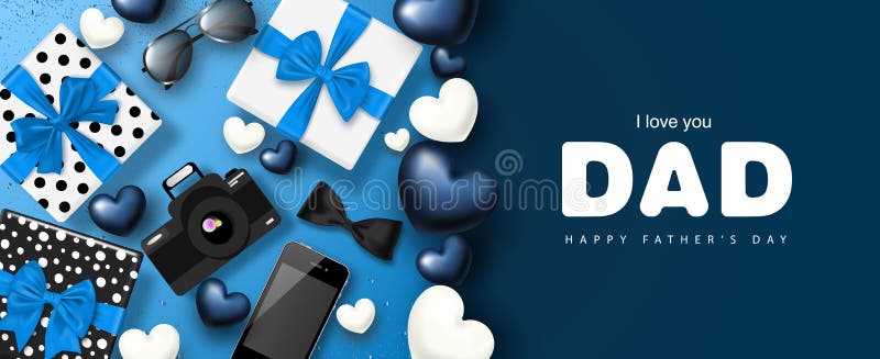 Happy Father`s day banner design with gifts boxes,camera, phone, sunglasses,bow tie and hearts.Vector illustration