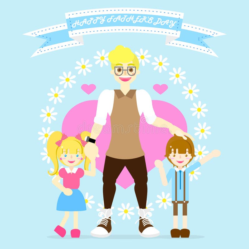 Happy father`s day with dad and boy and girl, flower, heart, ribbon banner, blue background