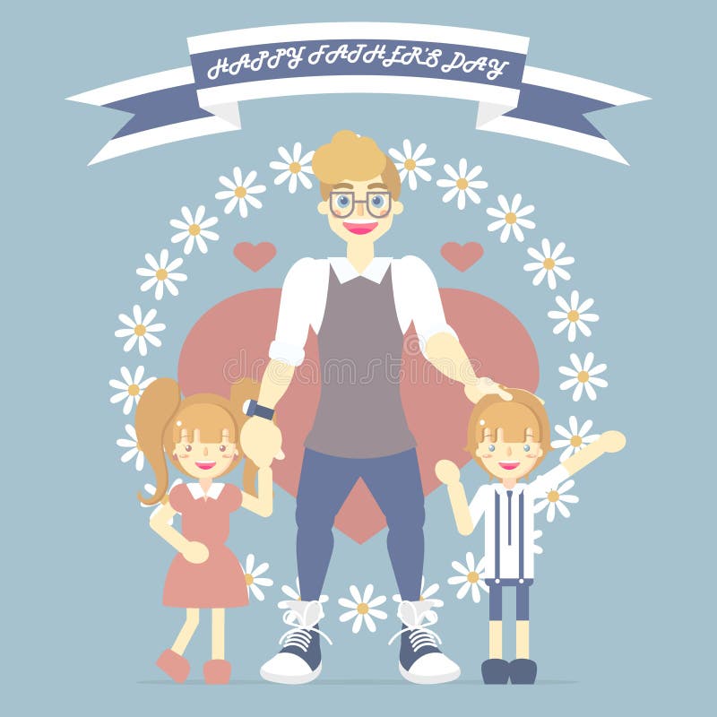 Happy father`s day with dad and boy and girl, flower, heart, ribbon banner, blue color background greeting card