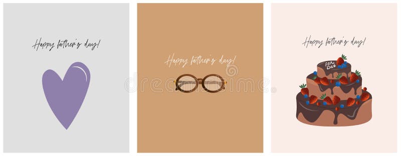Happy father`s day! Set of minimalistic greeting card for dad with heart, glasses and chocolate berry cake on a pastel background