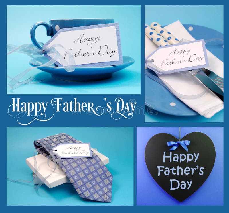 Happy Fathers Day collage of four images with gifts, greeting blackboard and sample text on blue background.