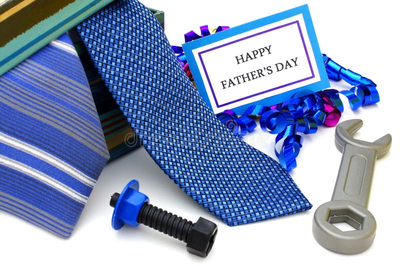 Happy Fathers Day tag with gift box, ties and toy tools