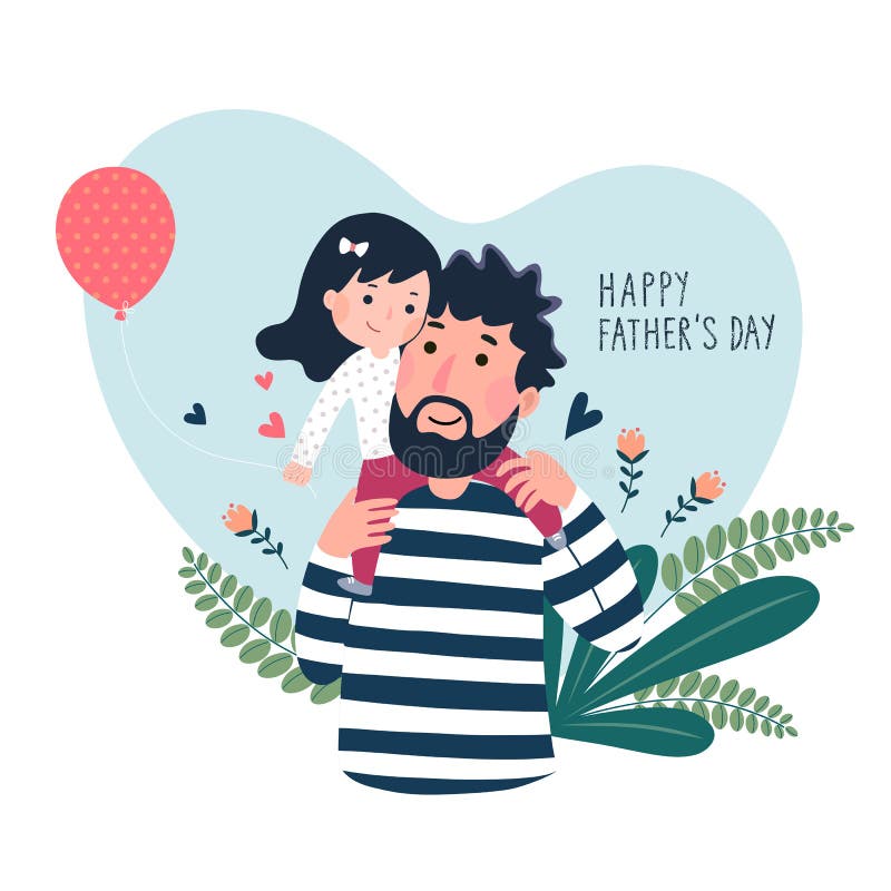Happy fatherâ€™s day card. Cute little girl on her fatherâ€™s shoulder in heart shaped
