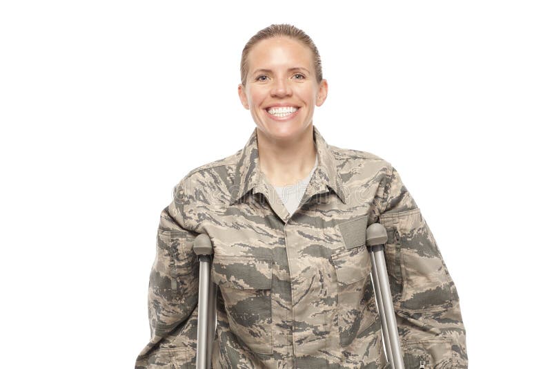 Happy female airman on crutches