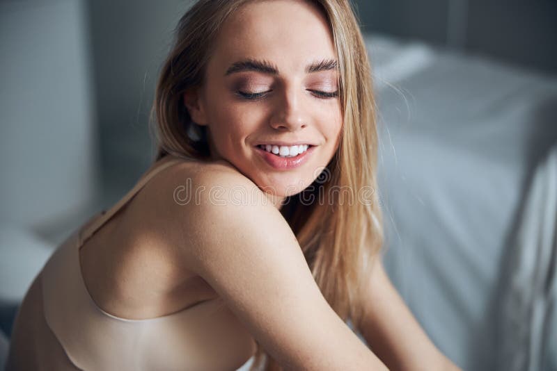 Happy Female In The Brassiere Posing For The Camera Stock Image Image Of Blonde Hair 214333747