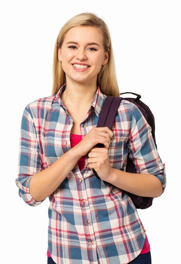Happy Female College Student Carrying Backpack stock photography Happy Female College Student Carrying Backpack stock photography