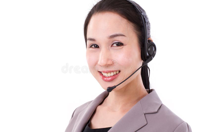 happy female customer service executive face closeup with headset, isolated