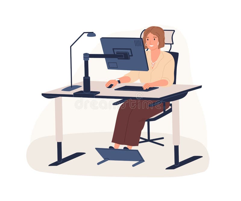 Happy female office worker sitting on chair at ergonomic workstation vector flat illustration. Modern woman working use computer looking at monitor isolated on white. Employee at innovative workplace.