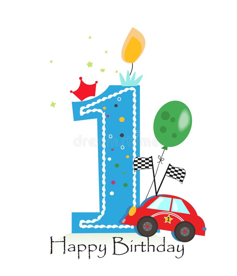 Happy First Birthday Candle. Baby Boy Greeting Card with Race Car