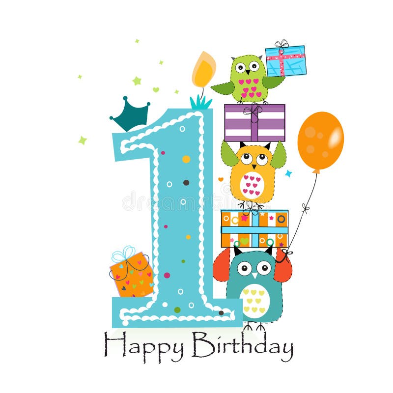 Happy First Birthday with Owls and Gift Box. Baby Boy Birthday Greeting ...