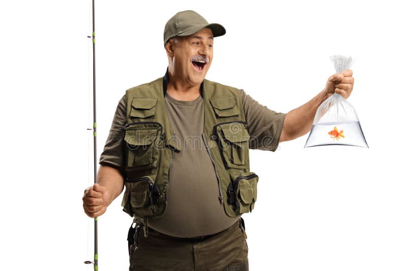 Happy Fisherman Holding a Fishing Pole and a Golden Fish in a Plastic Bag  Stock Image - Image of hobby, fish: 219726801