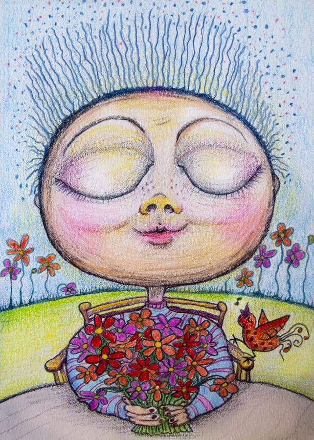 Happy flower smelling child cartoon drawing