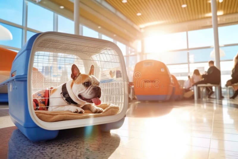 Happy French Bulldog inside an airport dog carrier captures the excitement of vacation travel. Sunny day and a bustling terminal