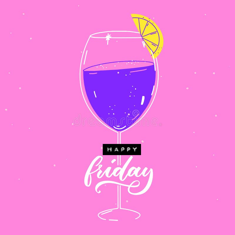 Happy friday - wytłoczona etykieta typu, kaligrafia skryptu i szkło koktajlowe ozdobione cytryną na różowym tle ilustracji