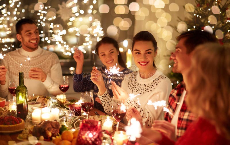 Happy Friends Celebrating Christmas at Home Feast Stock Photo - Image ...