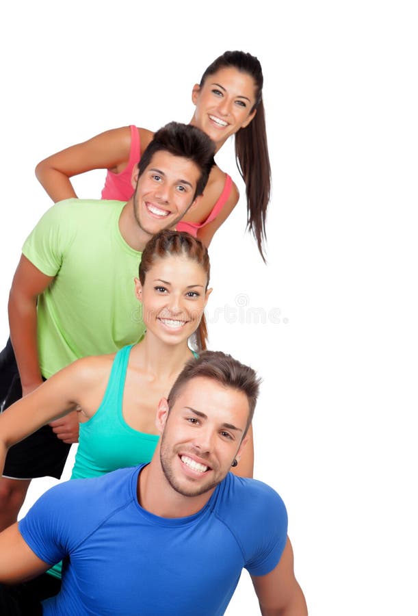 Happy friends with colored sportswear