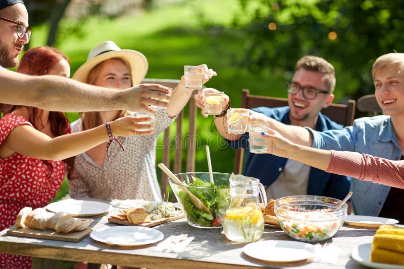 Happy Friends with Drinks at Summer Garden Party Stock Image - Image of