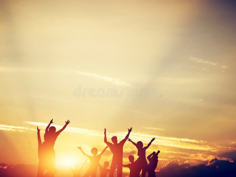 Happy friends, family jumping together at sunset. royalty free illustration Happy friends, family jumping together at sunset. royalty free illustration