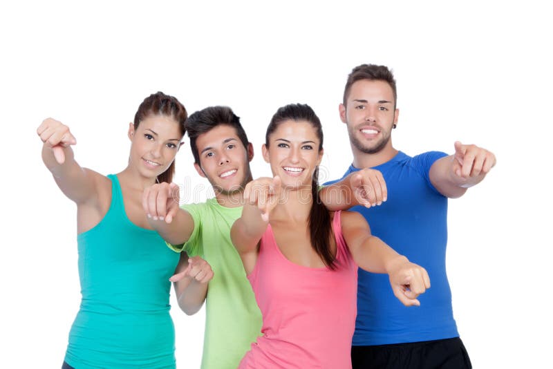 Happy friends pointing