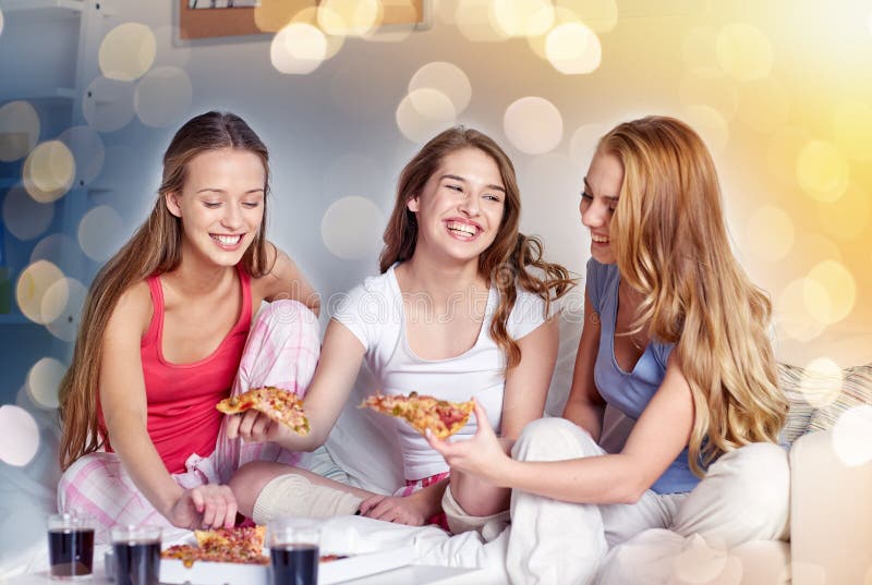 Happy Friends or Teen Girls Eating Pizza at Home Stock Image - Image of ...