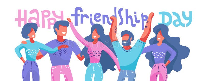Happy friendship day web banner with diverse friend group of people hugging together for special event celebration. Vector flat vector illustration Happy friendship day web banner with diverse friend group of people hugging together for special event celebration. Vector flat vector illustration