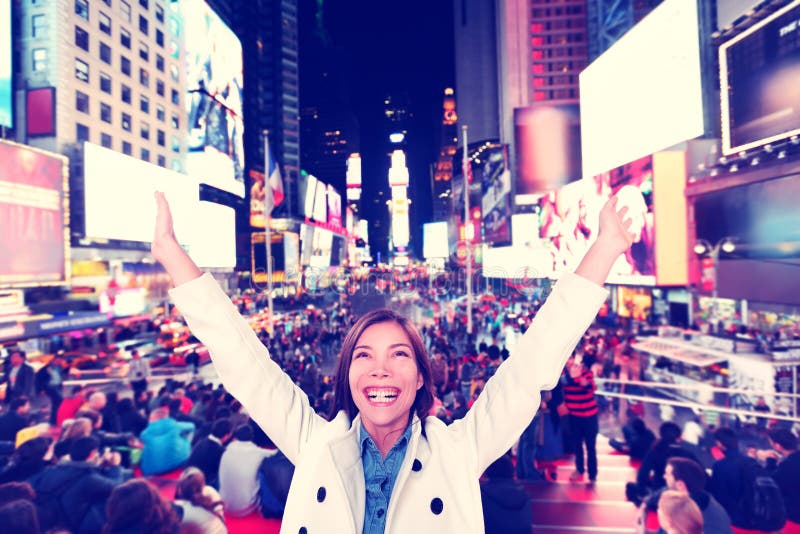 Happy fun woman in New York, Times Square