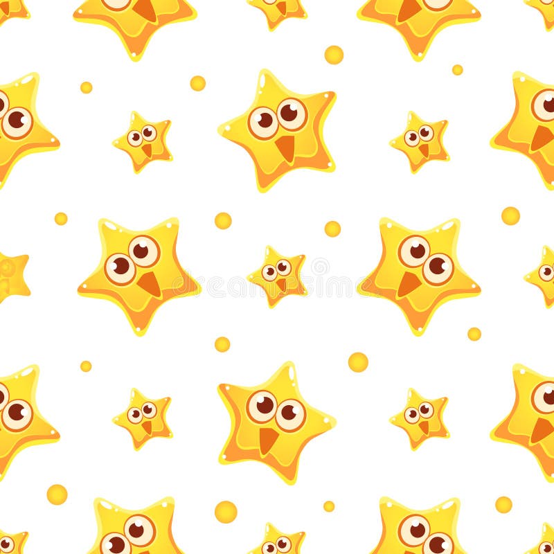 Happy Funny Yellow Star Character Seamless Pattern, Design Element Can Be Used for Wallpaper, Packaging, Background stock illustration Happy Funny Yellow Star Character Seamless Pattern, Design Element Can Be Used for Wallpaper, Packaging, Background stock illustration