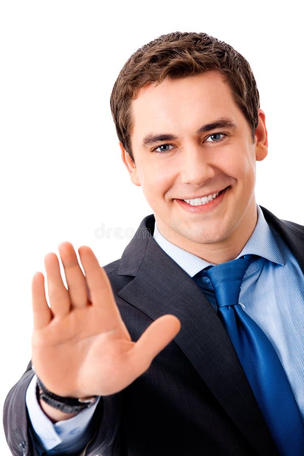 Happy gesturing businessman stock photos