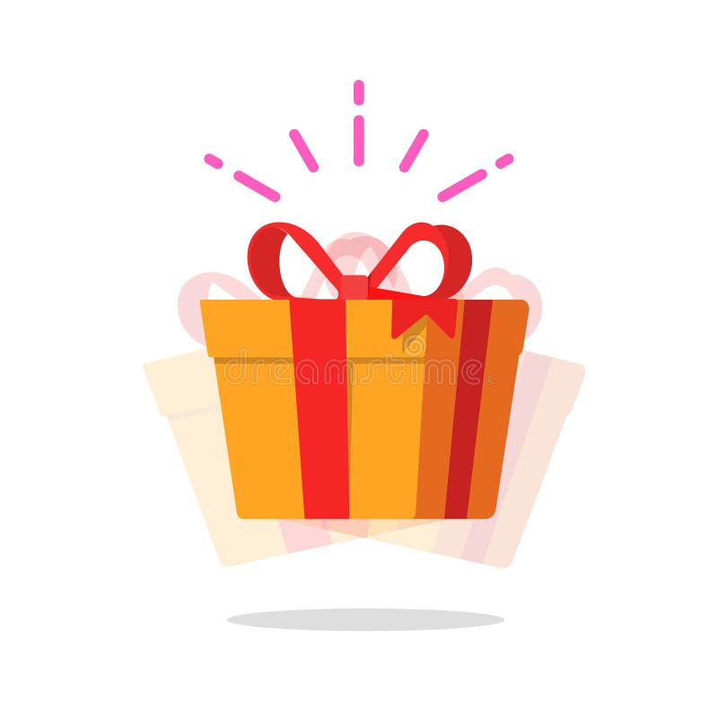 Happy gift box prize vector icon or cheerful giveaway surprise present with sparkles flat cartoon illustration, modern