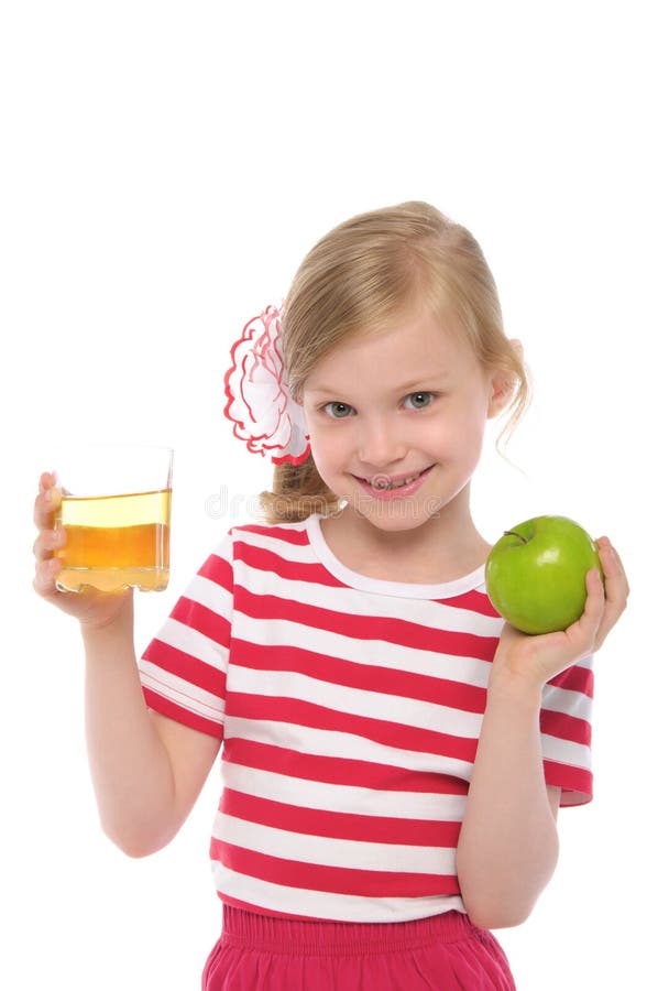 Happy Girl with Apple and Apple Juice Stock Photo Image of beverage