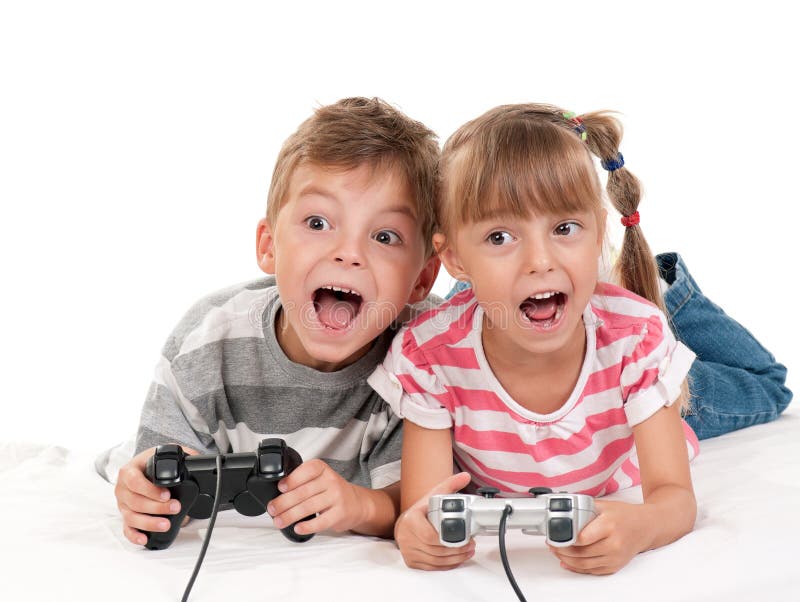 Happy girl and boy playing a video game